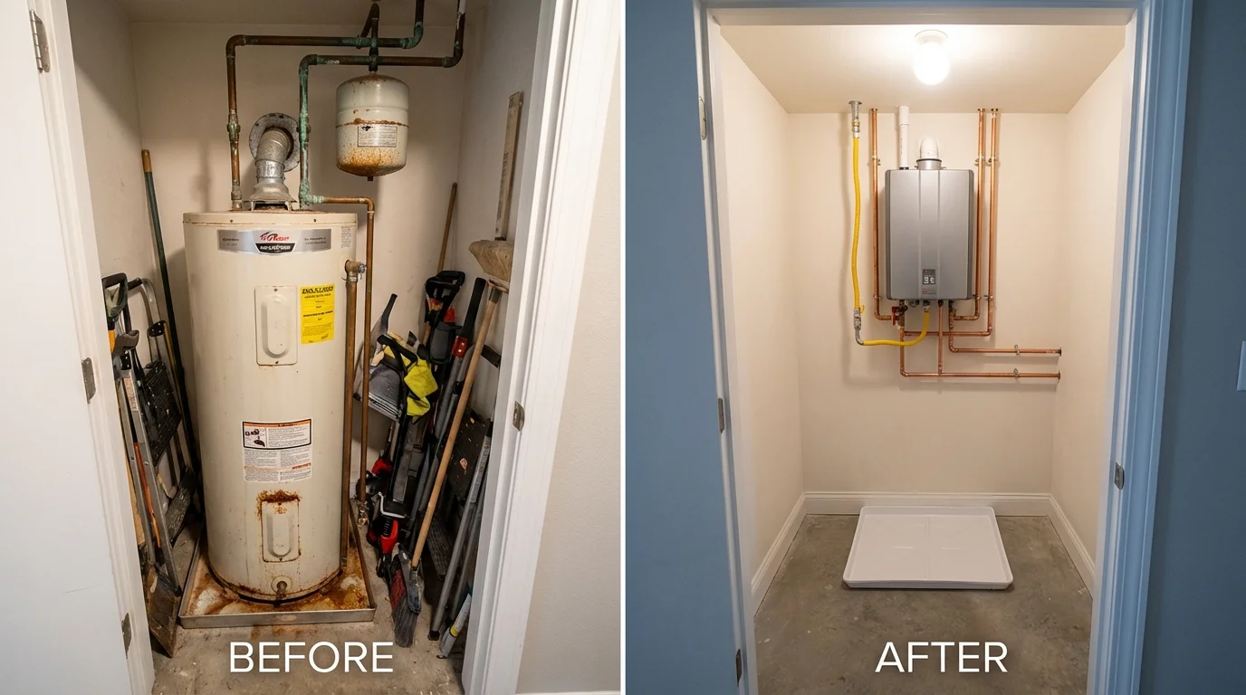 Tank water heater versus wall-mounted tankless unit comparison for Arcadia, LA homeowners