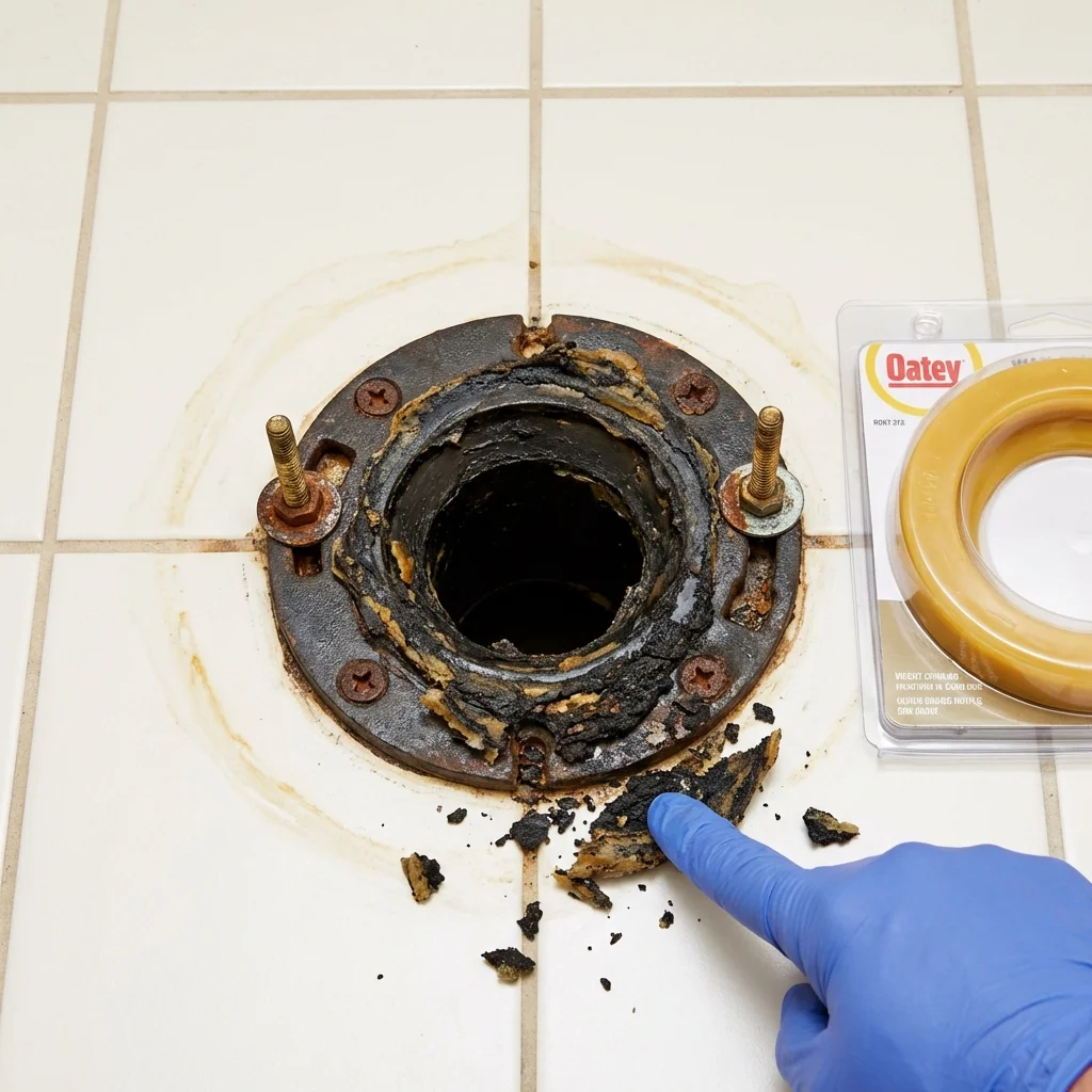 Failed wax ring showing water seepage at the base of a toilet in a Arcadia, LA home