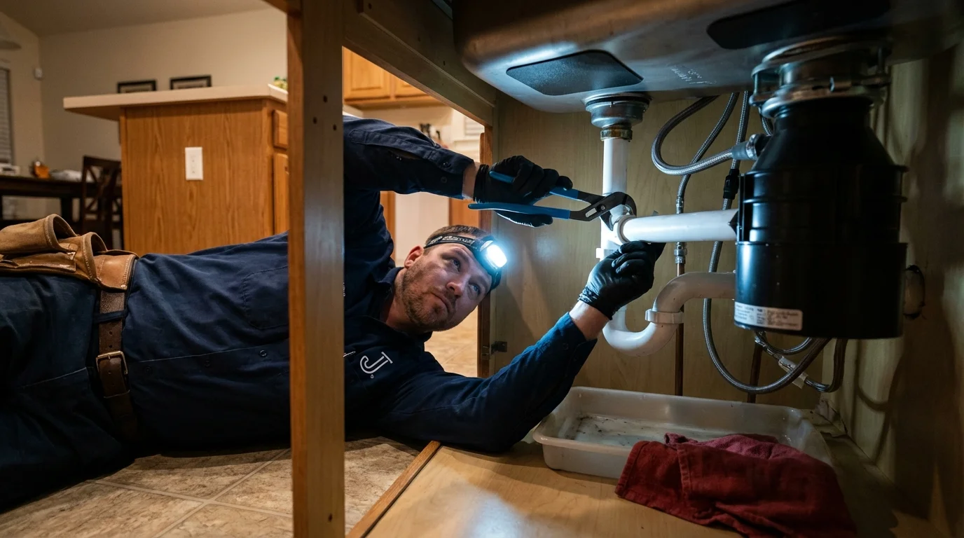 P-trap and supply line connections under a kitchen sink showing a common leak point in Arcadia, LA